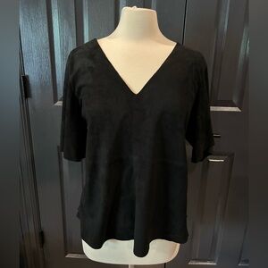 Black Relaxed Suede Blouse with V-Neck